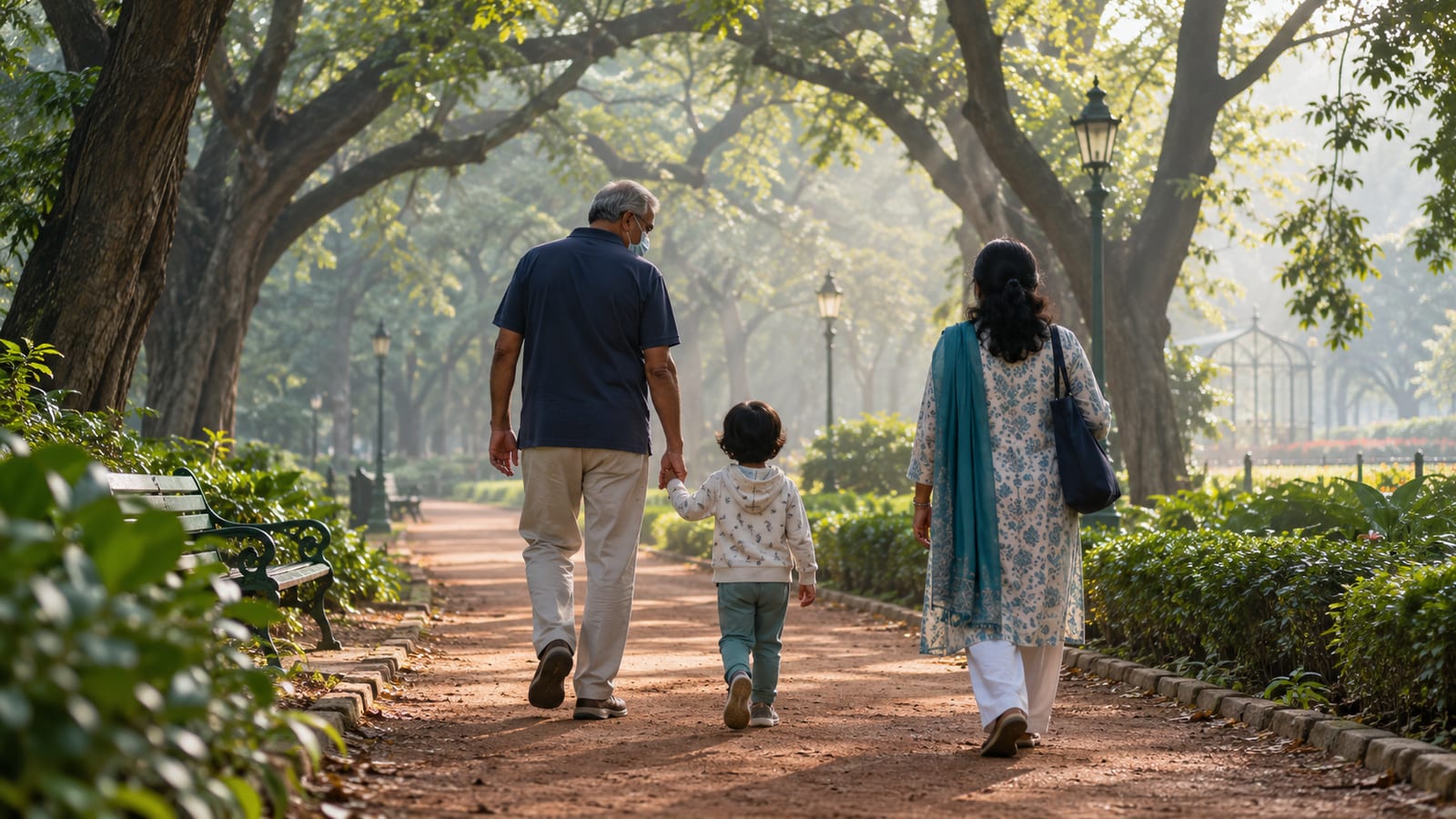 Man walking hand in hand with his grandchild in a misty Bengaluru park, without oxygen, wearing a face mask as advised after lung transplant