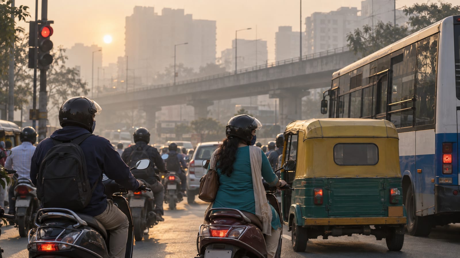 Commuters in masks on scooters at a hazy Bengaluru traffic signal under a flyover, exposed daily to traffic exhaust and road dust linked to COPD