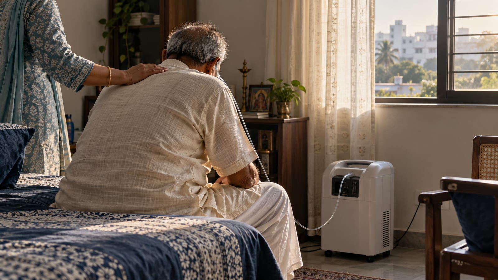 Older man with severe COPD catching his breath on the edge of his bed at home, on oxygen from a home concentrator, his daughter's hand on his shoulder