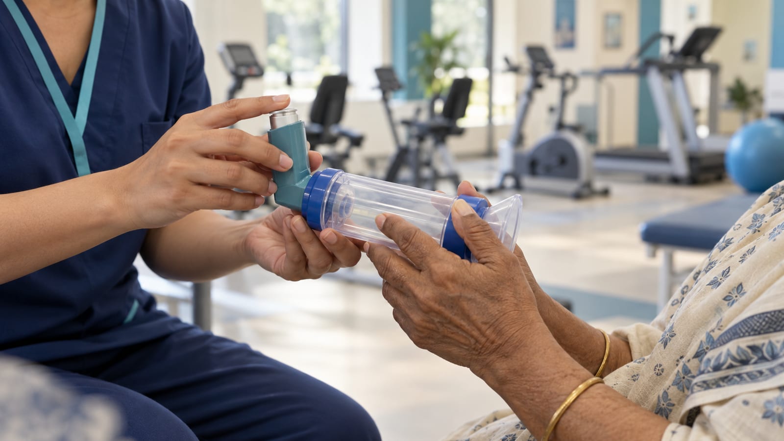 Respiratory physiotherapist guiding an older patient's hands on an inhaler with a spacer in a pulmonary rehabilitation room