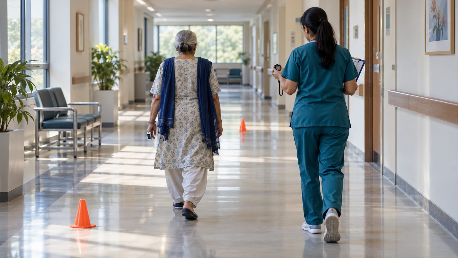 Older woman walking a measured hospital corridor course during a 6-minute walk test with a pulse oximeter, a physiotherapist timing her