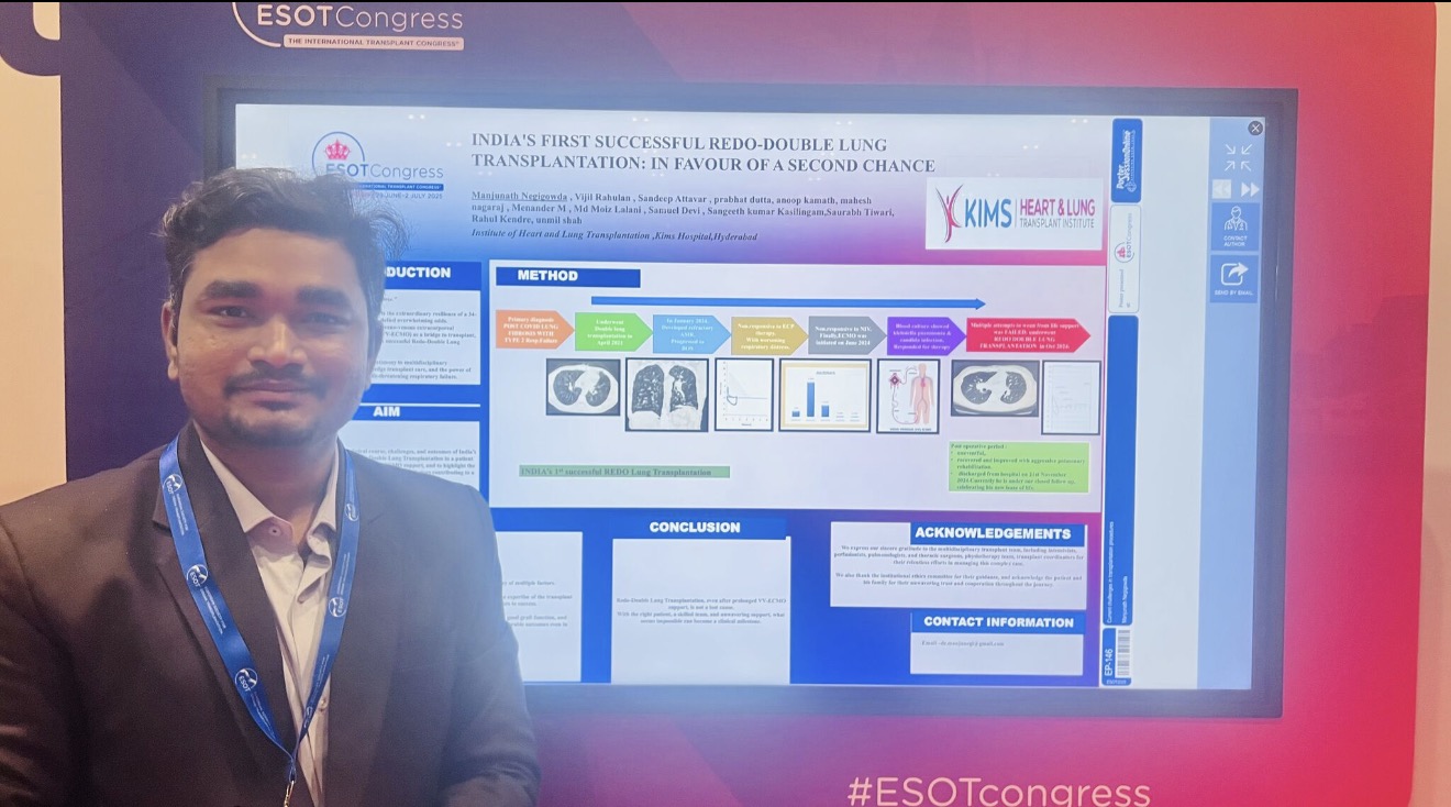 Dr Manjunath M N presenting India's first successful Redo Double Lung Transplantation poster at the ESOT Congress, London 2025