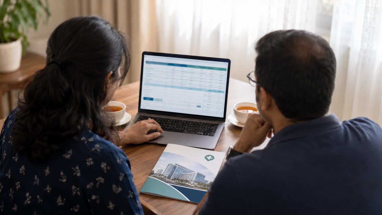 An Indian family reviewing lung transplant cost estimates and a hospital information brochure together at home - making the financial decision as a family