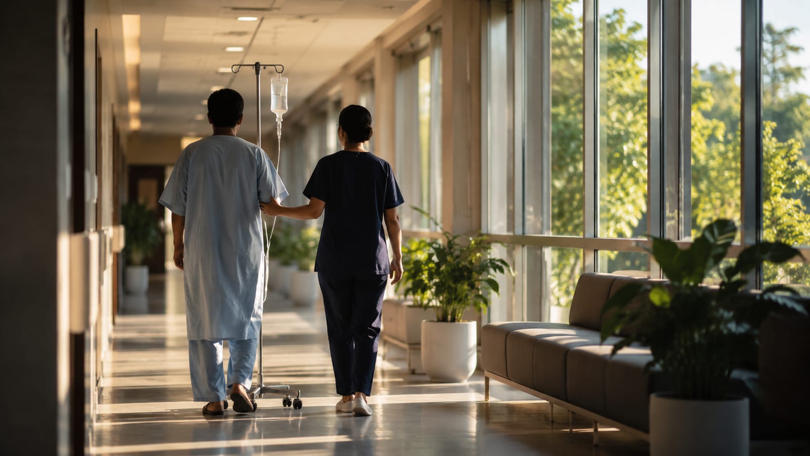 A post-lung-transplant patient walking with a physiotherapist and IV pole down a sunlit corridor at a modern Indian tertiary hospital - early mobilisation in the first hospital week of lung transplant recovery