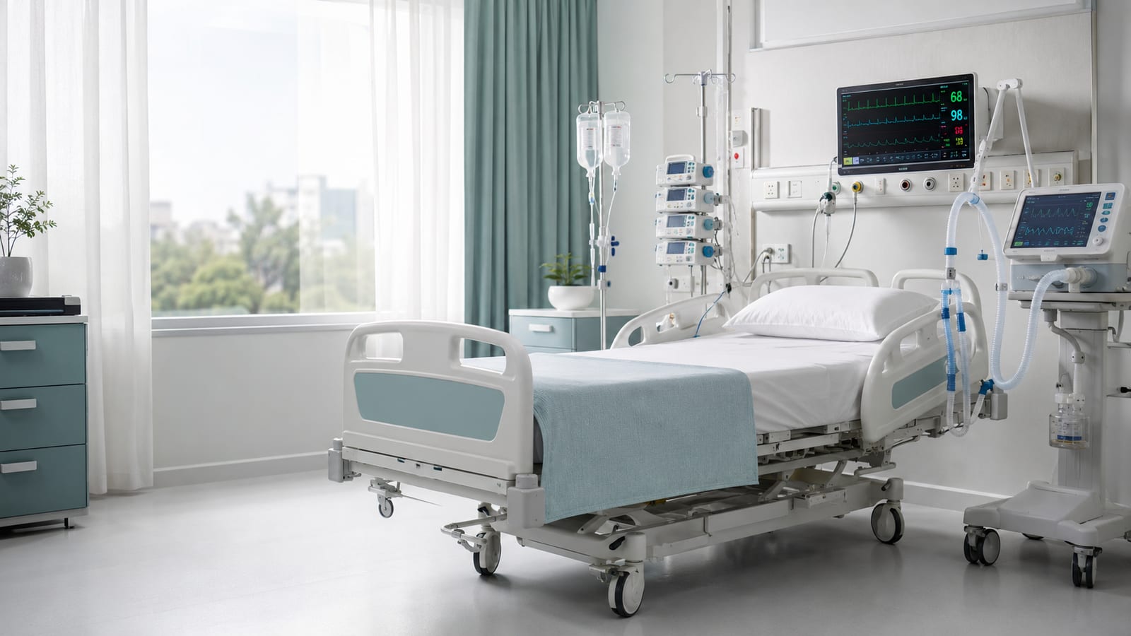 A modern post-lung-transplant ICU recovery room with ventilator, monitor and infusion pumps - the setting where the biggest portion of the transplant bill is determined