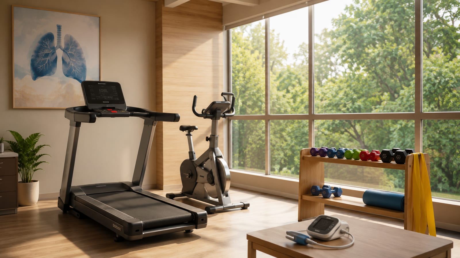 A pulmonary rehabilitation room with treadmill, exercise bike, hand weights, resistance bands and a home spirometer - the setting for structured post-lung-transplant recovery in the months after surgery