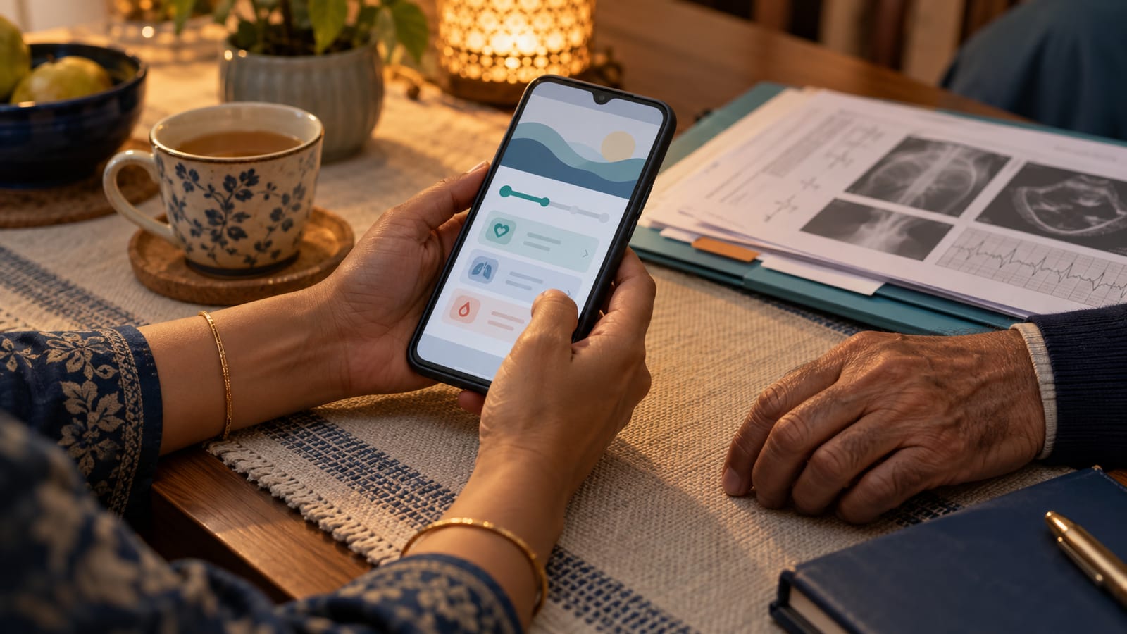 Family member checking a lung transplant waiting list status update on a mobile phone at home