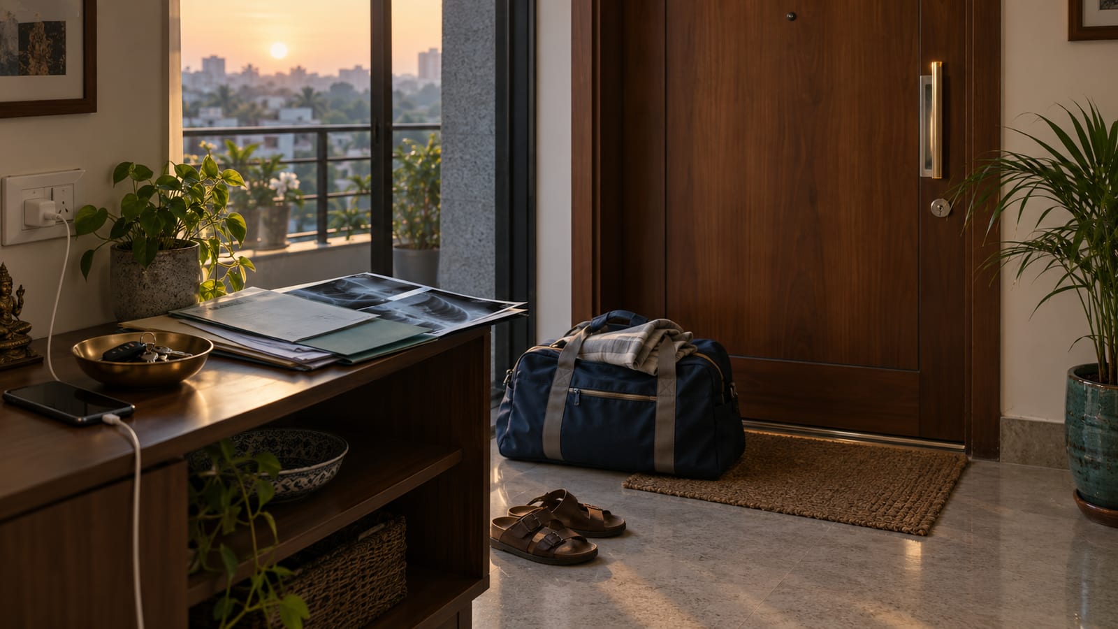 Packed hospital bag, charged phone and a folder of medical reports by the front door, ready for a donor lung call