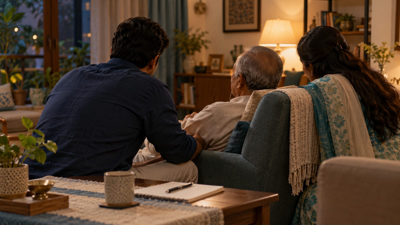 Indian family talking together at home about care preferences and plans for a parent with advanced lung disease