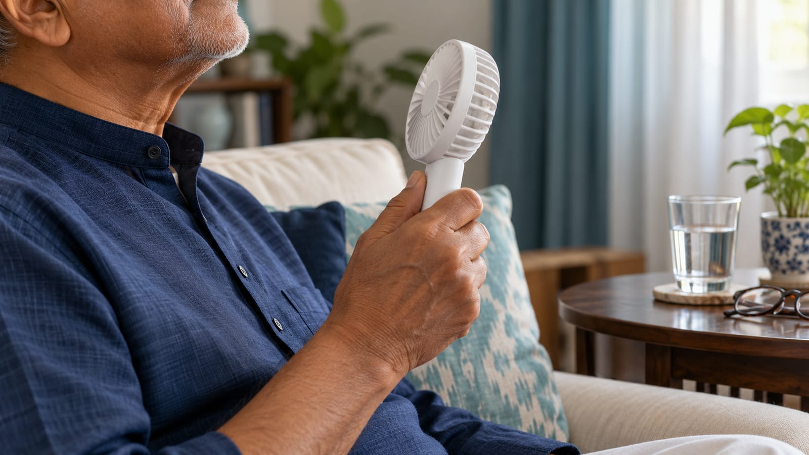 Older person with advanced lung disease using a small handheld fan directed at the face to ease breathlessness while resting at home