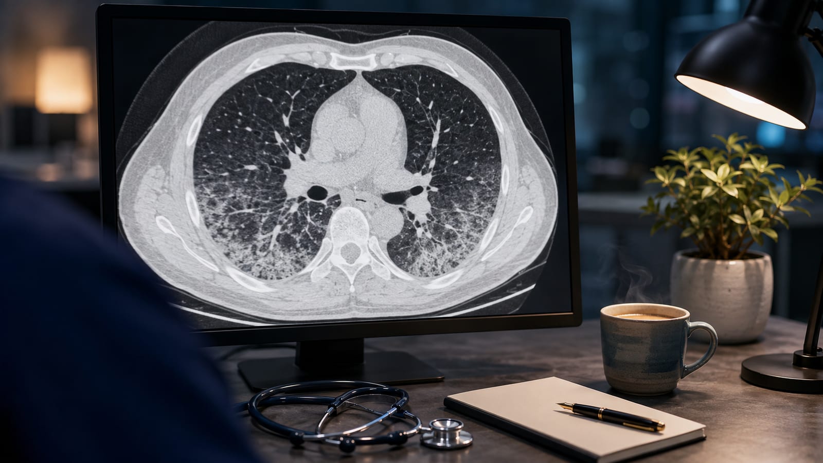 HRCT chest scan being reviewed on a radiology workstation showing post-COVID ground-glass opacity and reticular changes in both lungs - assessed by Dr. Manjunath M Negigoudara at KIMS Electronic City