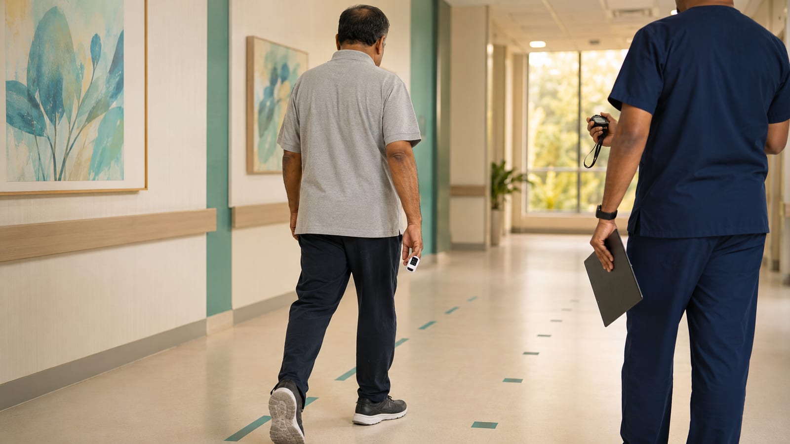 Six-minute walk test with pulse oximeter monitoring for exertional oxygen desaturation - assessing post-COVID lung recovery in Indian patients under supervision by Dr. Manjunath M Negigoudara's team at KIMS Electronic City