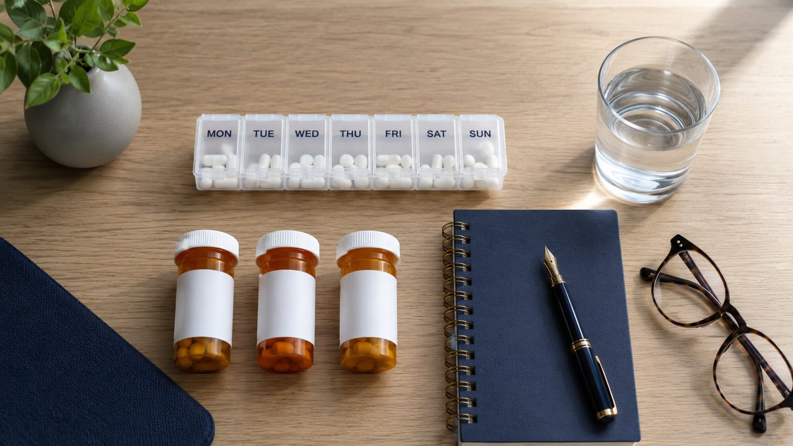 Weekly pill organiser with tacrolimus, mycophenolate and prednisolone bottles - the daily lifelong immunosuppression regimen after a lung transplant