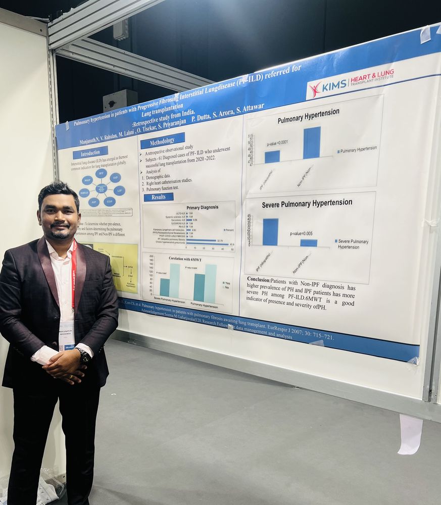 Dr Manjunath M N with the PF-ILD pulmonary hypertension research poster