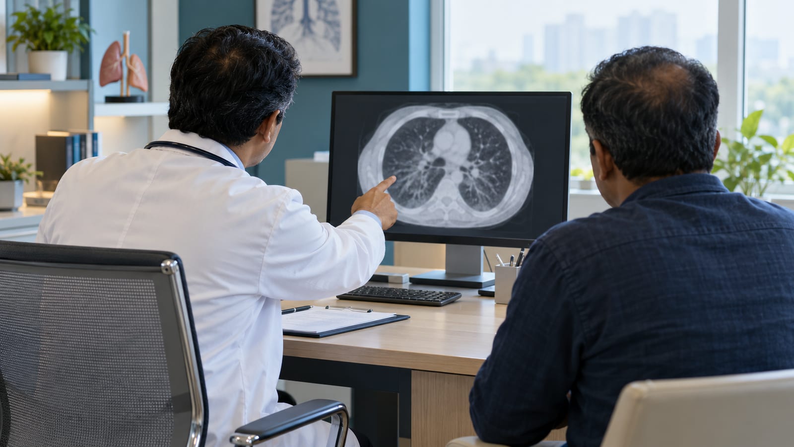 Doctor reviewing a lung scan with a patient at a follow-up visit three months after a pulmonary embolism