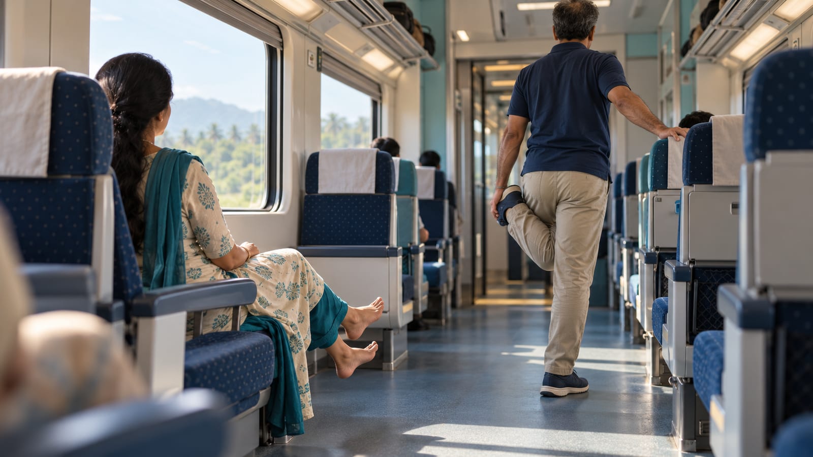 Traveller stretching and walking in the aisle of a train on a long journey to keep leg circulation moving and lower blood clot risk
