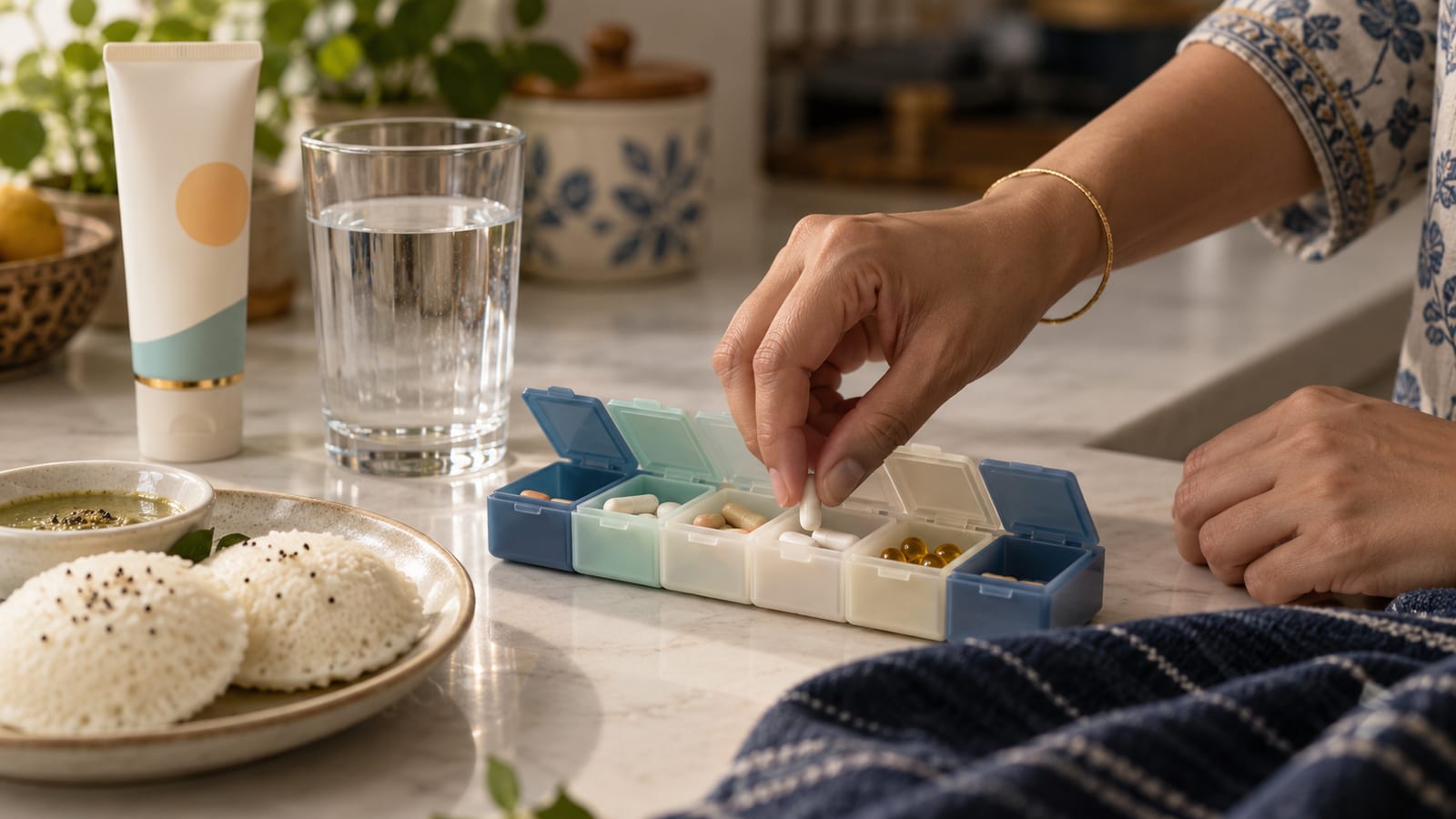 Daily antifibrotic routine for idiopathic pulmonary fibrosis at home - weekly pill organiser, sunscreen and water on a kitchen counter, as advised by transplant pulmonologist Dr. Manjunath M Negigoudara