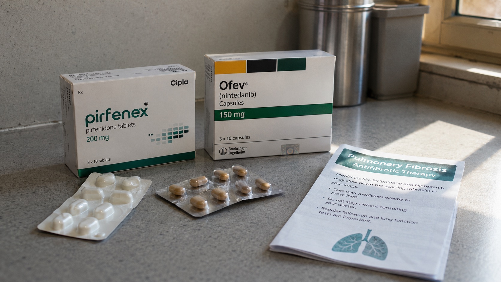Antifibrotic therapy for idiopathic pulmonary fibrosis - Pirfenex (pirfenidone by Cipla) and Ofev (nintedanib by Boehringer Ingelheim), the two approved oral antifibrotic drugs available in India