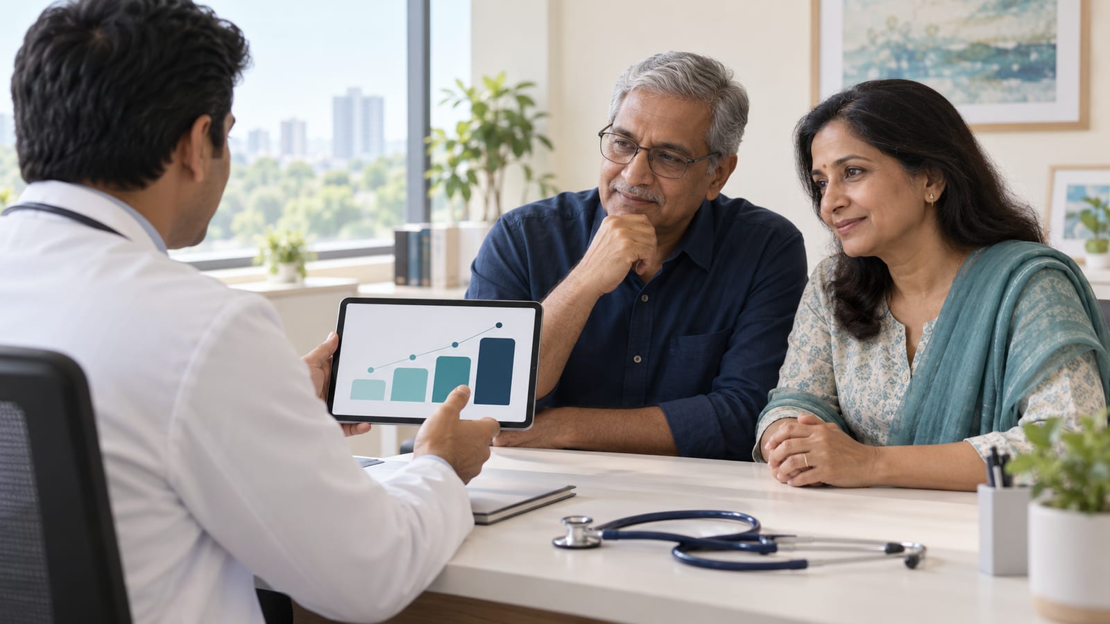Transplant pulmonologist Dr. Manjunath M Negigoudara explaining GAP stage and pulmonary fibrosis prognosis to a family using a tablet at KIMS Hospital, Electronic City