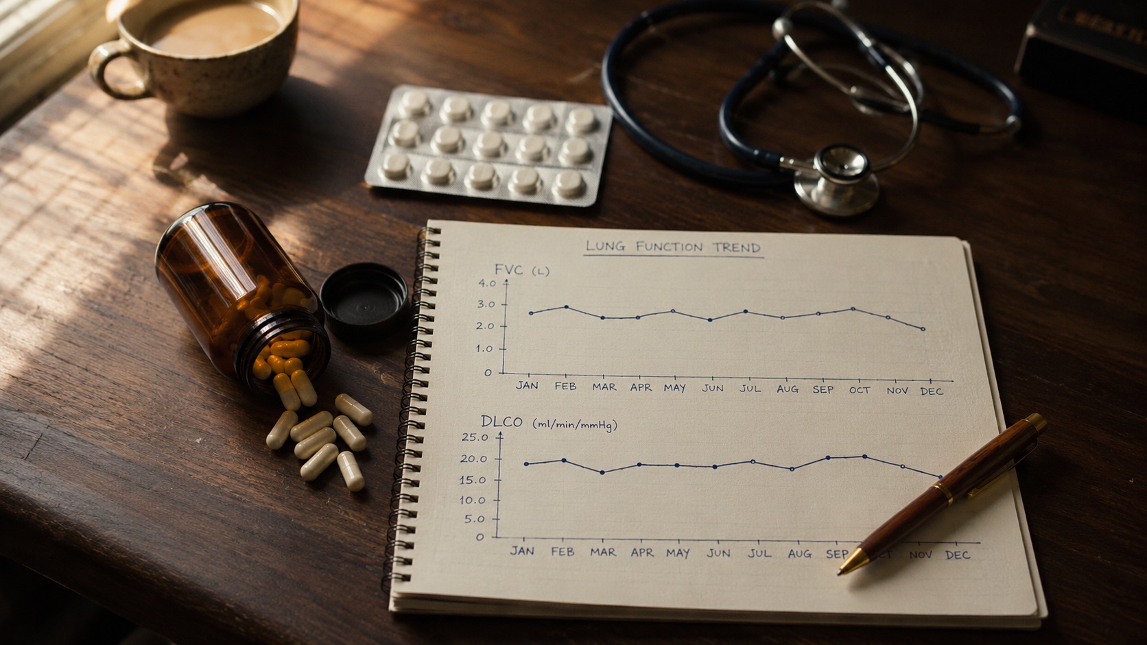 Monthly lung function trend monitoring for pulmonary fibrosis - FVC and DLCO values plotted across a year of antifibrotic therapy