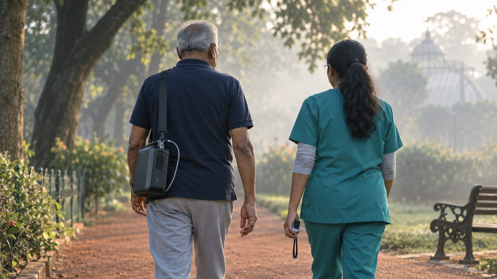 Pulmonary fibrosis patient on a supervised morning walk with a portable oxygen concentrator in a Bengaluru park, part of pulmonary rehabilitation advised by Dr. Manjunath M Negigoudara