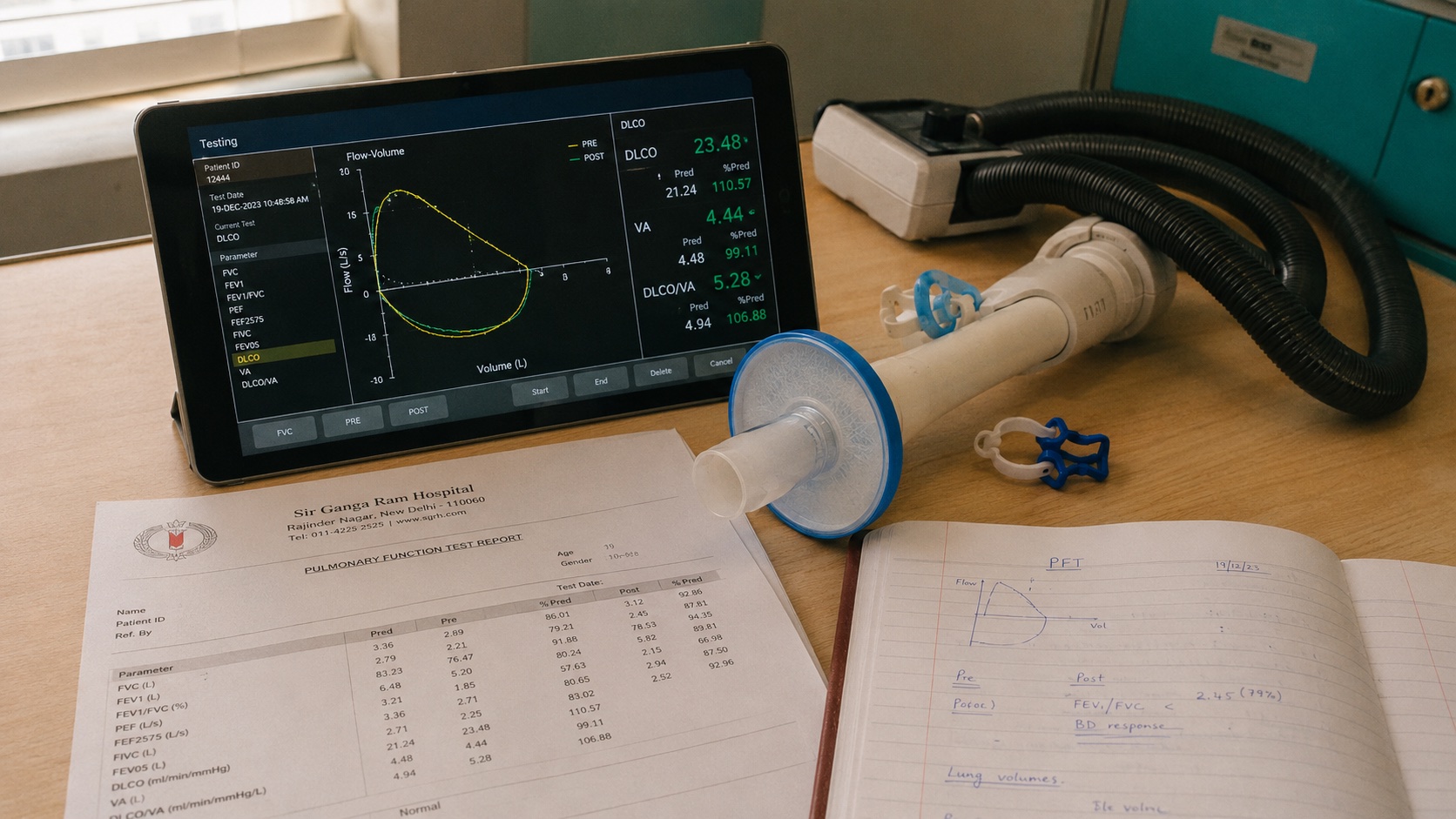 Pulmonary function test with DLCO diffusion capacity measurement setup for pulmonary fibrosis diagnosis